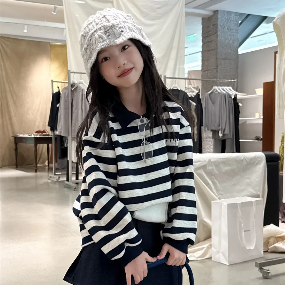 Girls Long Sleeve T-shirt 2026 Autumn Spring New Korean Fashion Casual Daily Sriped Turn-down Collar Top Kids All-match Clothes