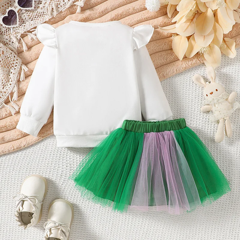 طقم ملابس للفتيات الصغيرات في اليوم الأيرلندي مطبوع عليه حروف وأكمام طويلة وتنورة من التول لملابس الخريف اللطيفة للأطفال