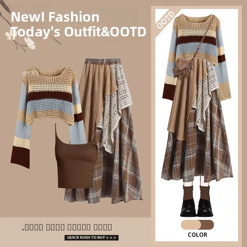 

Комплект из топа с вырезами и юбки с высокой талией для женщин: модный повседневный осенний наряд с круглым вырезом и длинными рукавами