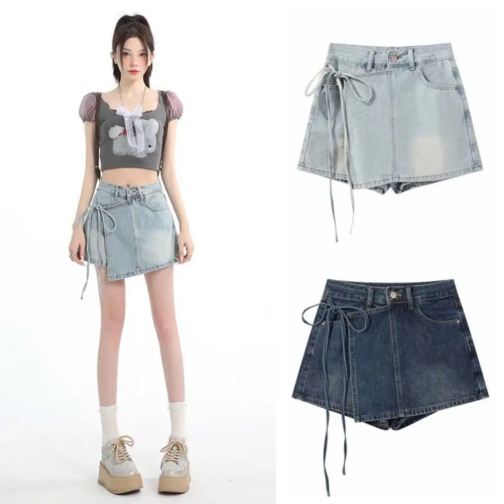 

Chic Lace-up A-line Skirt Shorts Wide Leg Y2K Fake Two-piece Skirt Spicy Girl Style High Waist Baggy Blue Jeans Skirt Lady