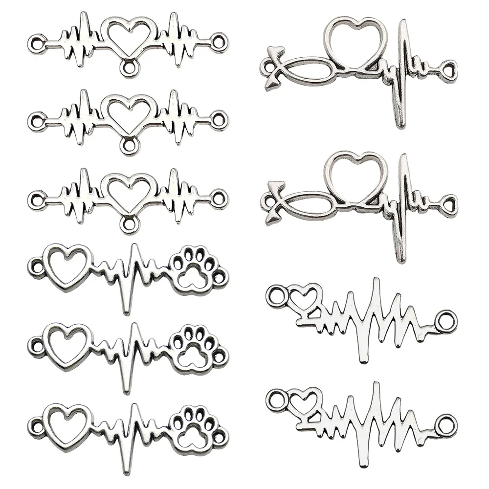 10pcs Electrocardiogram (ECG/EKG) Connector Charms Alloy Heart-fluttering Pendants for DIY Jewelry Making Accessories