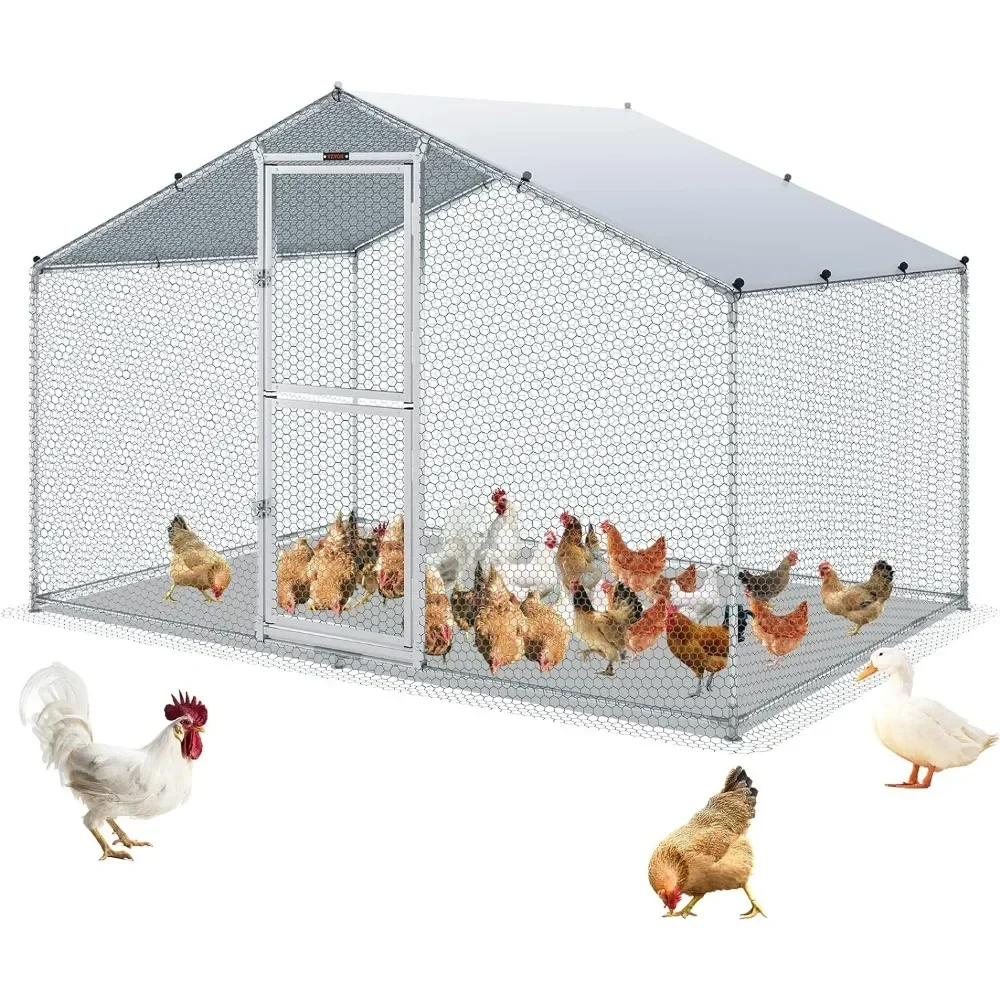 

Large Metal Chicken Coop with Wire Mesh Run Walkin Poultry Cage for Yard with Waterproof Cover 6.5 x 9.8 x 6.4 ft Peaked Roof