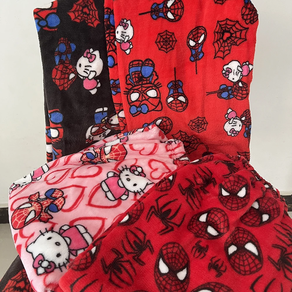 Pantalones de dormir de Hombre Araña, pijama de Hello Kitty de Anime, franela suave, pantalones informales de dibujos animados para el hogar, regalos para pareja, novedad de 2024