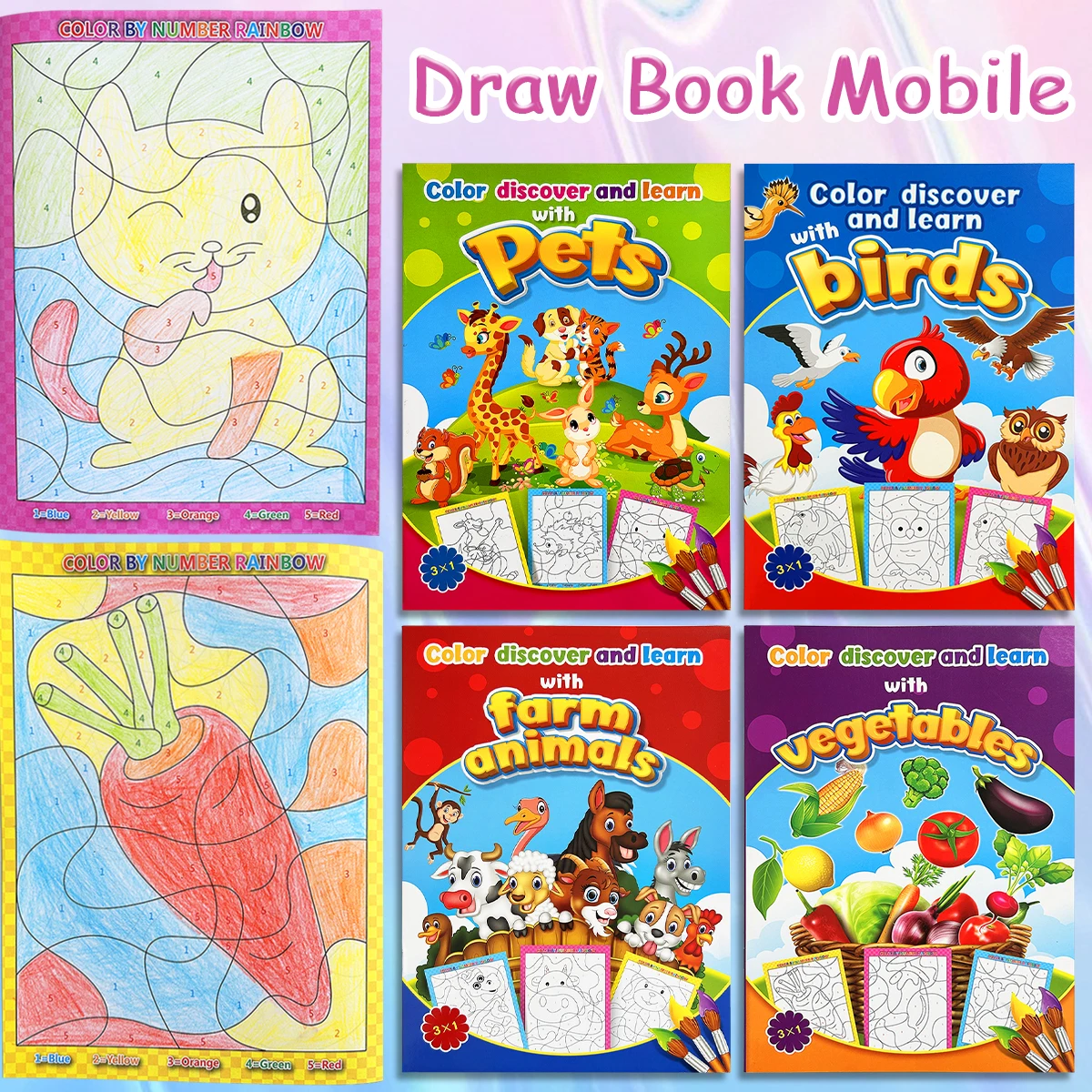 【Color & Discover】Draw Book Mobile - Pets/Birds/Farm Animals/Vegetables Coloring Books for Kids