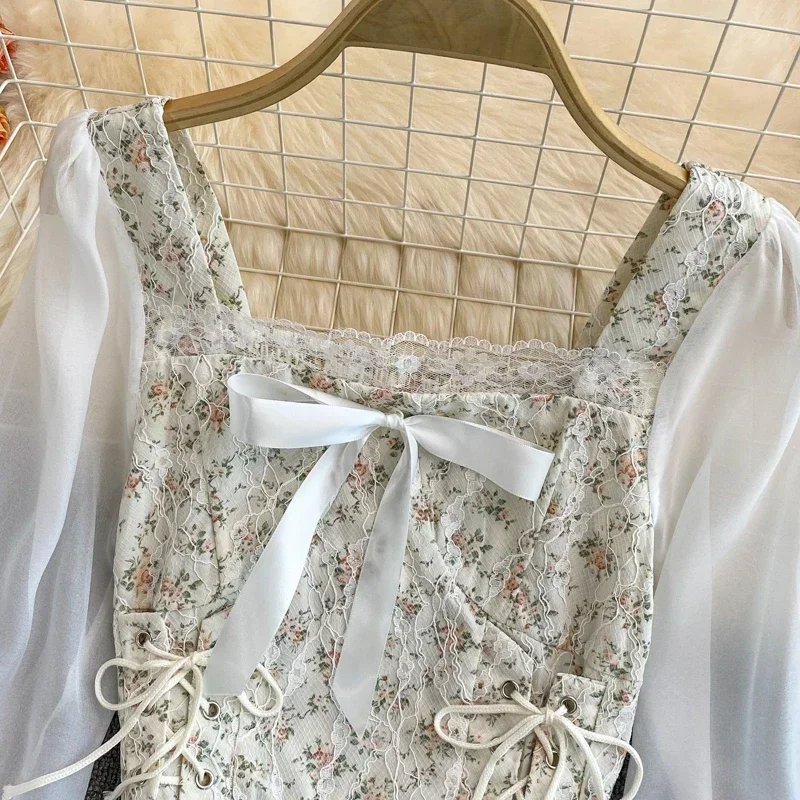 2024 New Ins Fashion Floral Print Mesh Patchwork Blouses Shirts Autumn Women Vintage Bandage Slim Waist Gothic Lace Tops Blusas