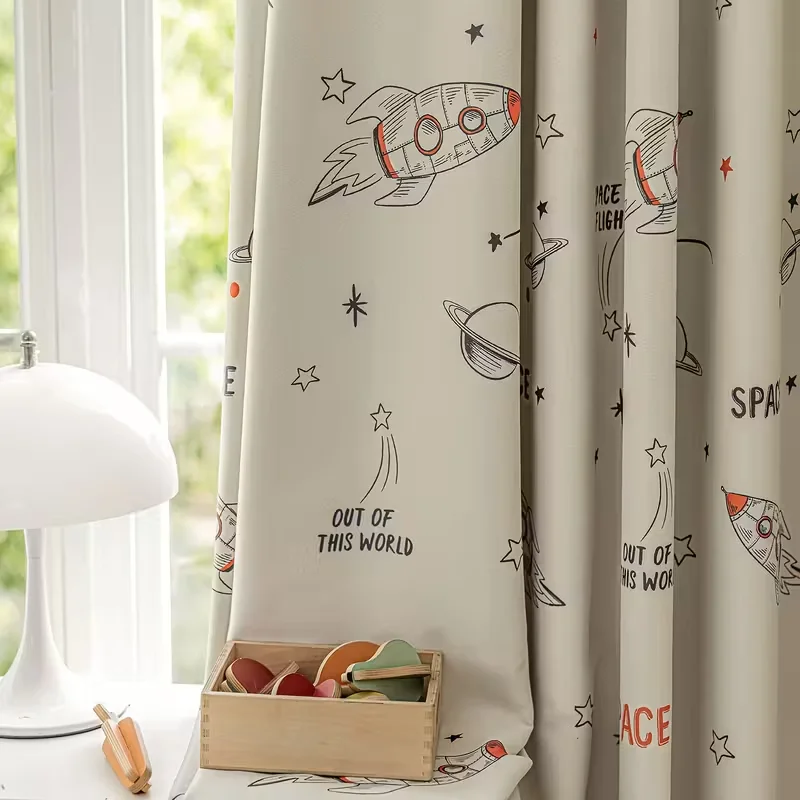 1pc Space Rocket Print Curtain, Cartoon Blackout Curtains, Suitable for Various Room Types, Decorative Window Covering