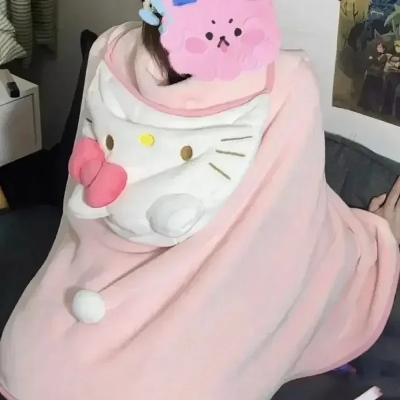 Sanrio Cape Plush Blanket Hello Kitty Anime Character Accessories Girls Home Clothing Hoodie Soft Warm Girls Sweet Pajamas Gift