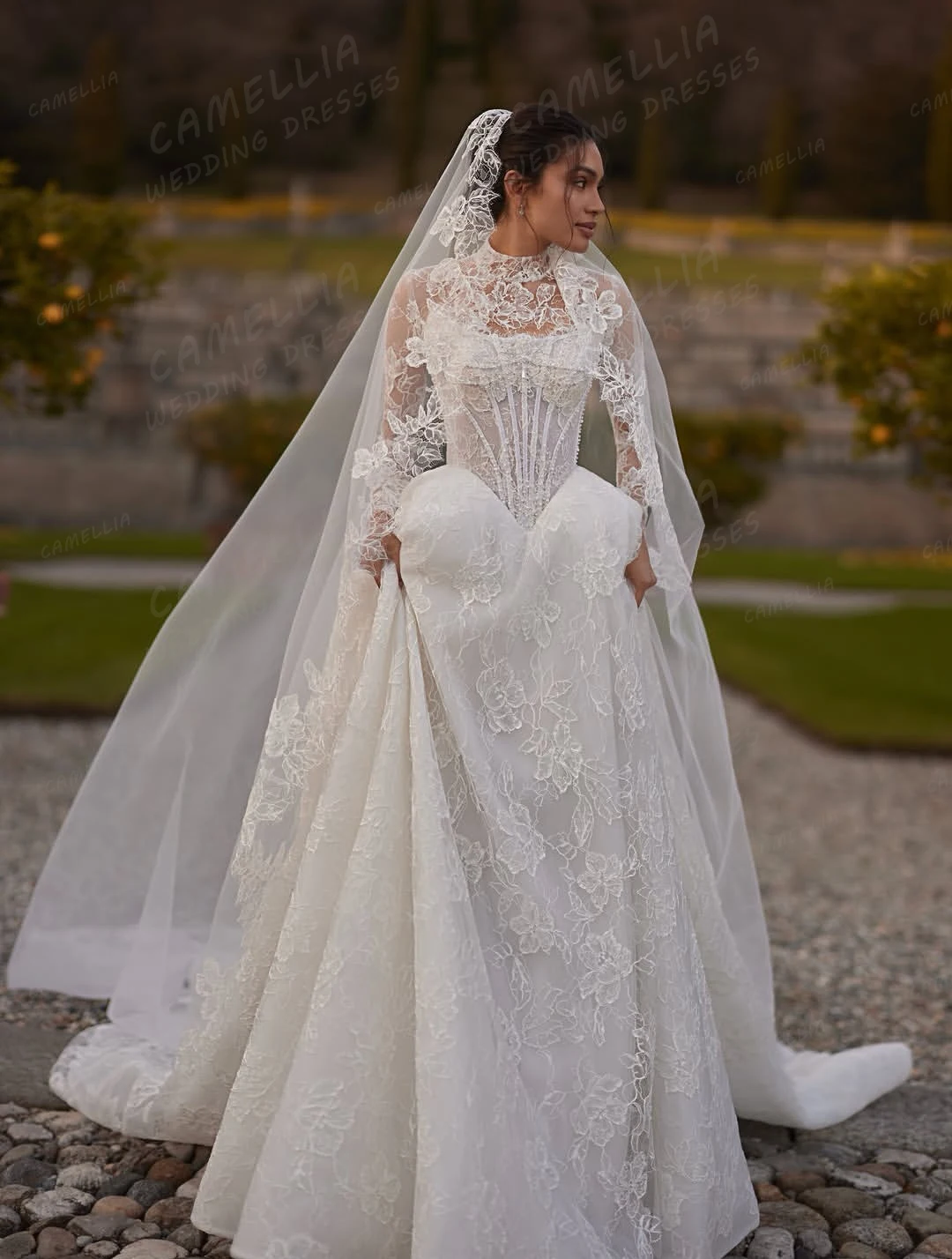 

Classic Elegant Wedding Dresses Women's High Neck A Line Bridal Gowns Lace Sweep Train Tulle Party Vestidos De Novia Customized