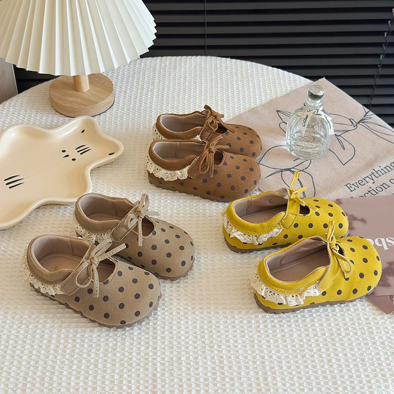 Girls Polka Dot Mary Jane Shoes Lace Trim Bow Tie Children Flats Casual Shoes Retro Style Suede Fashion Kids Performance flats