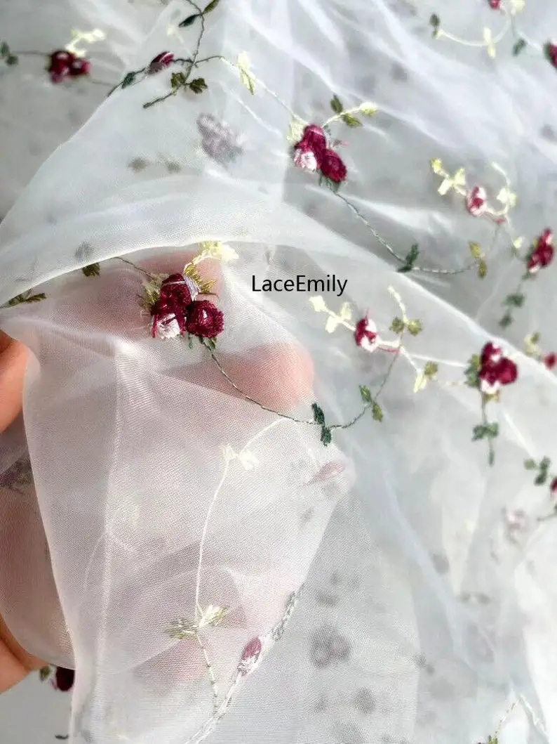 Tela de encaje de Organza Floral para vestido de novia, tul bordado con Rosa pequeña roja, 3 colores, 1 yarda