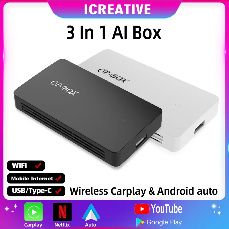 

3 in 1 Andoroid CarPlay AI Box Adapter Wired/Wireless Android Auto Multimedia 4-Core for YouTube Netflix Carplay Fast Connect