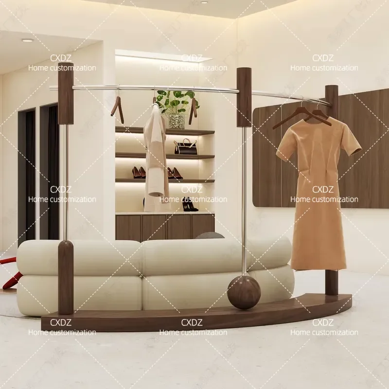 Walnut Clothing Store Display Men's and Women's Clothing Store Stainless Steel Curved Floor-to-Floor Clothing Hanging Middle