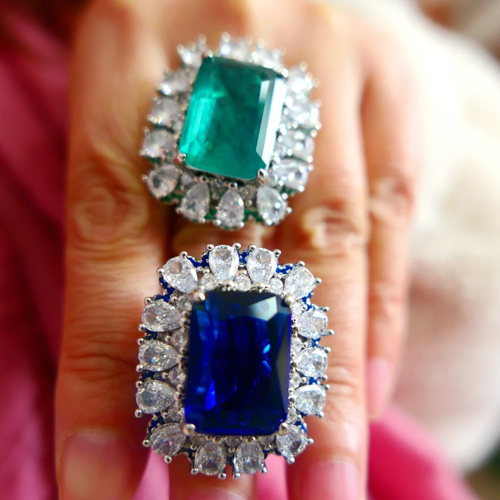 KQDANCE Luxury Created Diamonds Gemstones Sapphire Emerald Rings with Big Green/blue Stone Jewelry 2022 New Trend