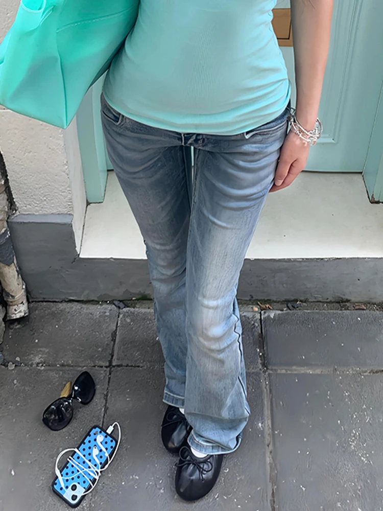 American Style Spicy Girl Washed Blue Micro Flared Denim Jeans 2026 New Women Y2K Millennium Slimming Floor-Length Pants