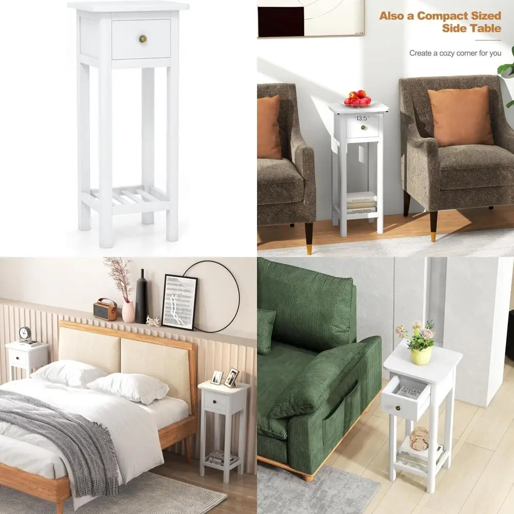 

Farmhouse Style Acacia Wood Slim Side Table with Drawer and Shelf for Small Spaces and Bedroom Use