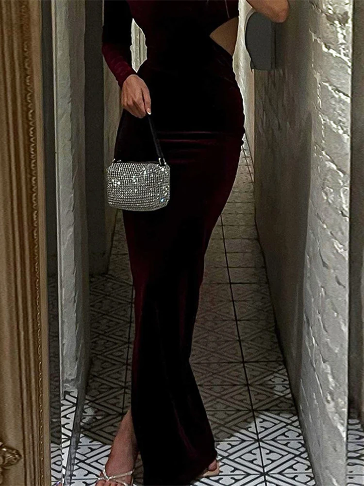 Dulzura Solid Long Sleeve One Shoulder Velvet Maxi Women Cut Out Side Slit Outfits Bodycon Party Elegant Clothes Evening 2023