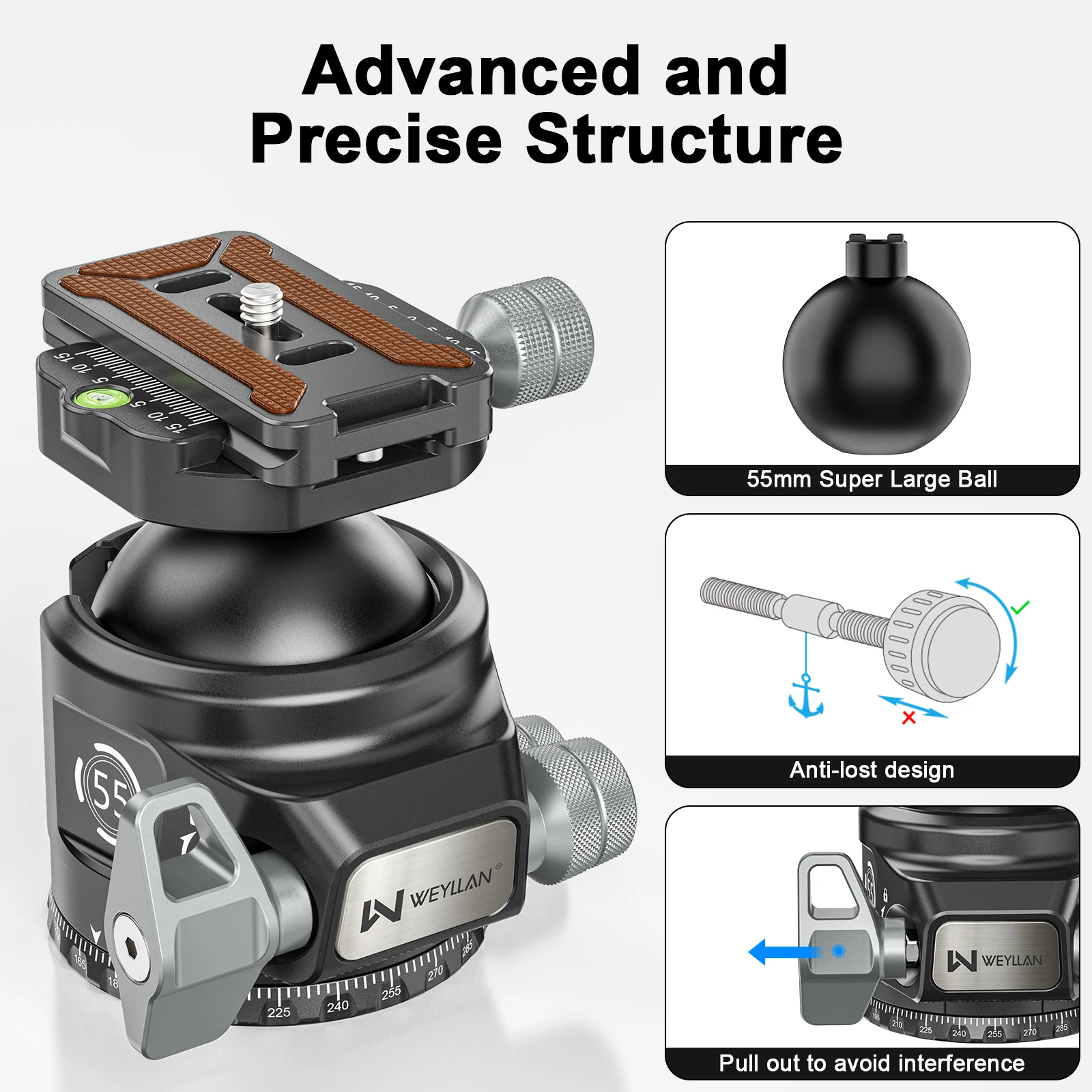 WEYLLAN KH55 كرة ثلاثية القوائم رئيس 55 مللي متر الثقيلة الكرة رئيس مع Mlok السكك الحديدية Arca السويسرية الإفراج السريع لوحة منصب الكاميرا تحميل 40 كجم