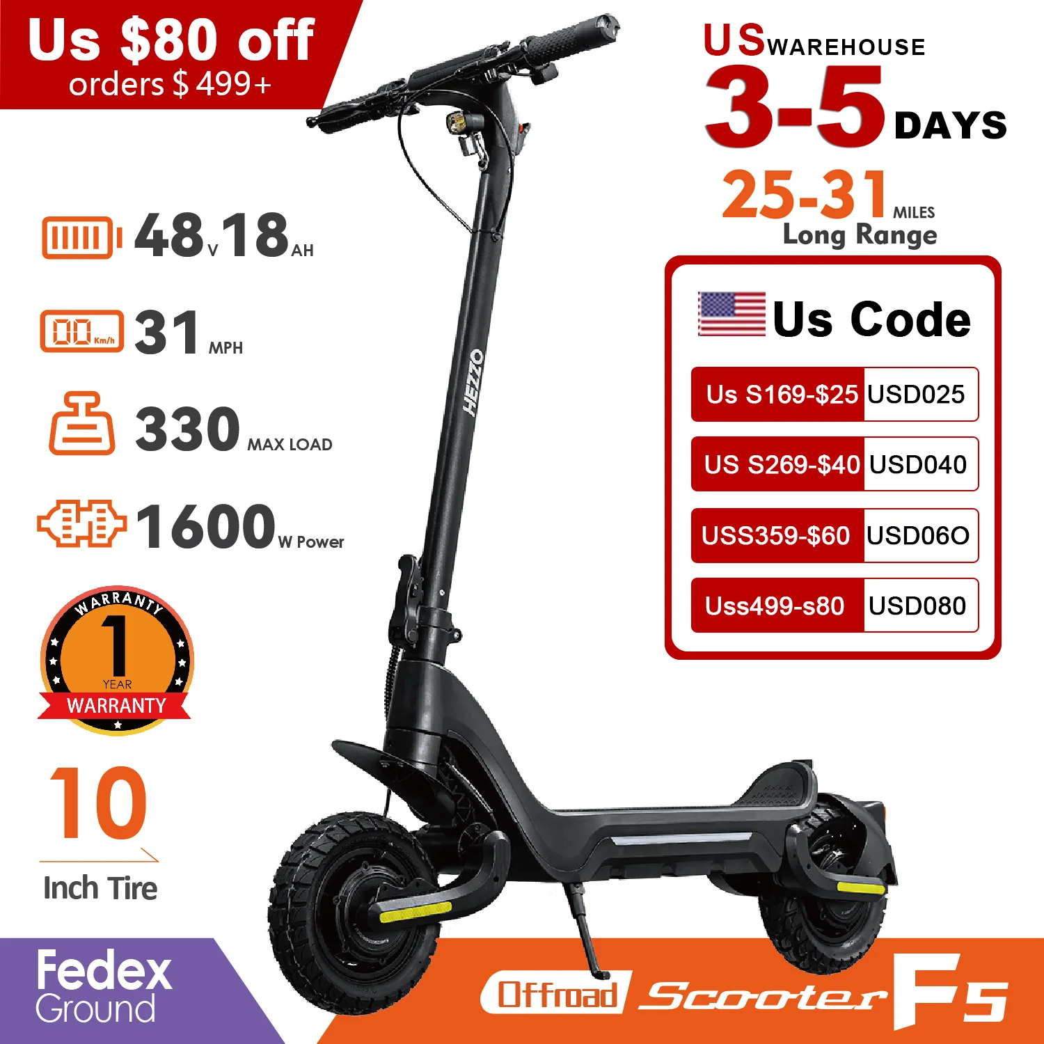 

48V 1600W 31mph Off Road Electric Scooter 37mile Range 18Ah Dual Motor 10” Tire E-scooter Disc Brake F5 Folding E-Bike Adult