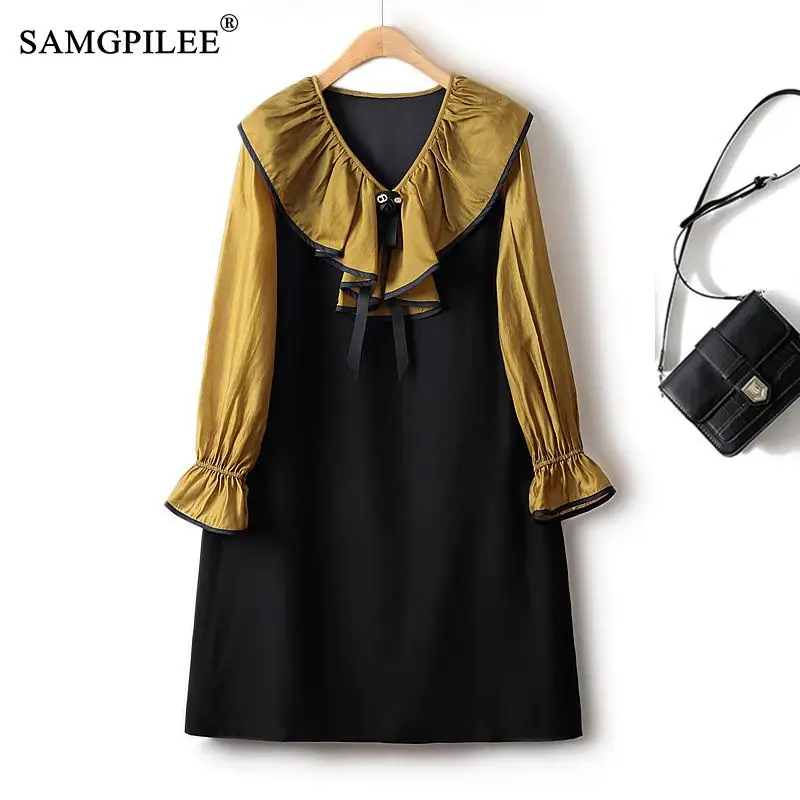 

Spring Dresses For Women 2023 New V neck Ruffles Contrast Color Blouson Sleeves French Fashion Slim Waist Casual Woman Dress 4XL