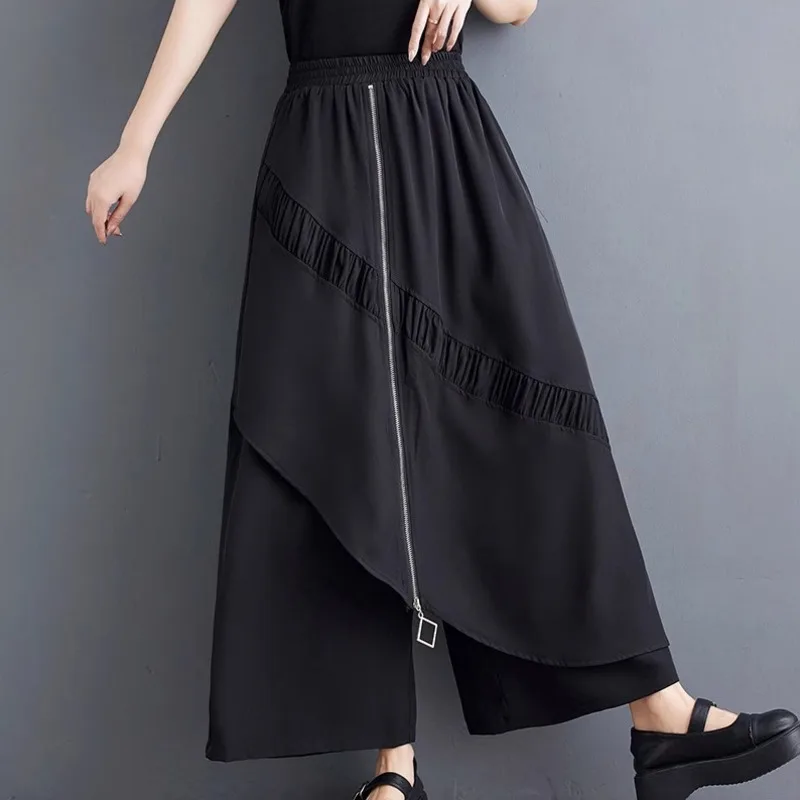 #2933 Summer False Two Piece Pants Women High Waisted Wide Leg Pants Zipper Irregular Streetwear Trousers Joggers Split Joint