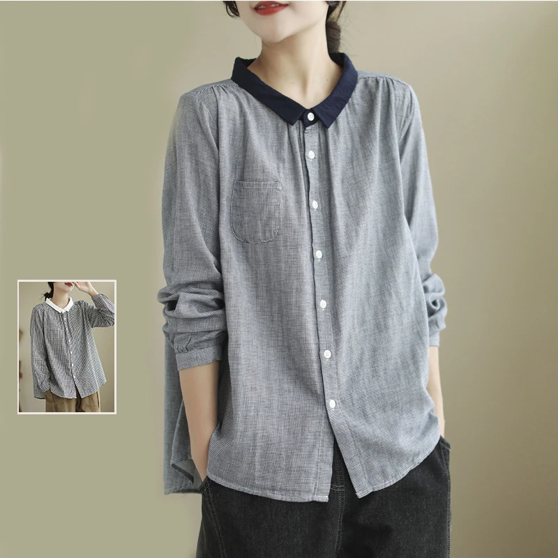 Artistic Double Layer Cotton Shirt with Checkered Pattern Long Sleeve Women's plus Size  Collar Color Block Top