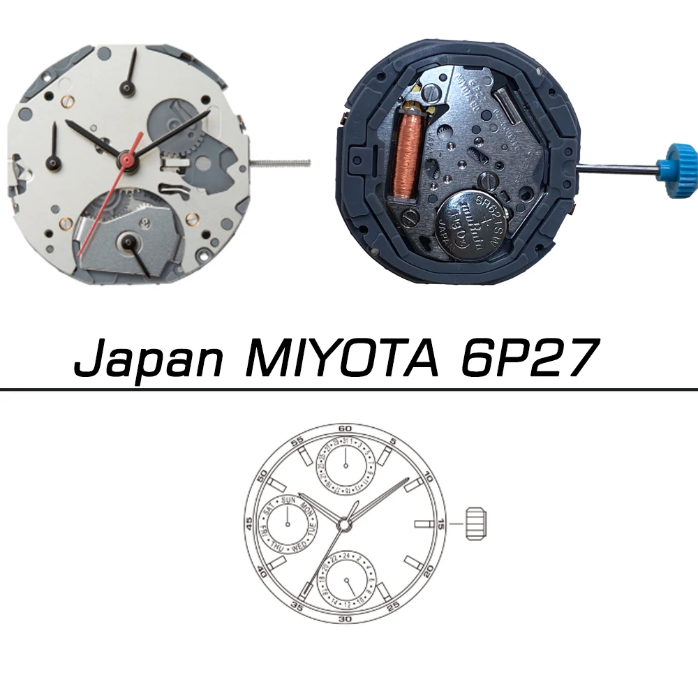 Japan MIYOTA 6P27 6P77 Watch Quartz Movement Weekday Date 24 Hours Multifunction Analog Metal Replacement Parts