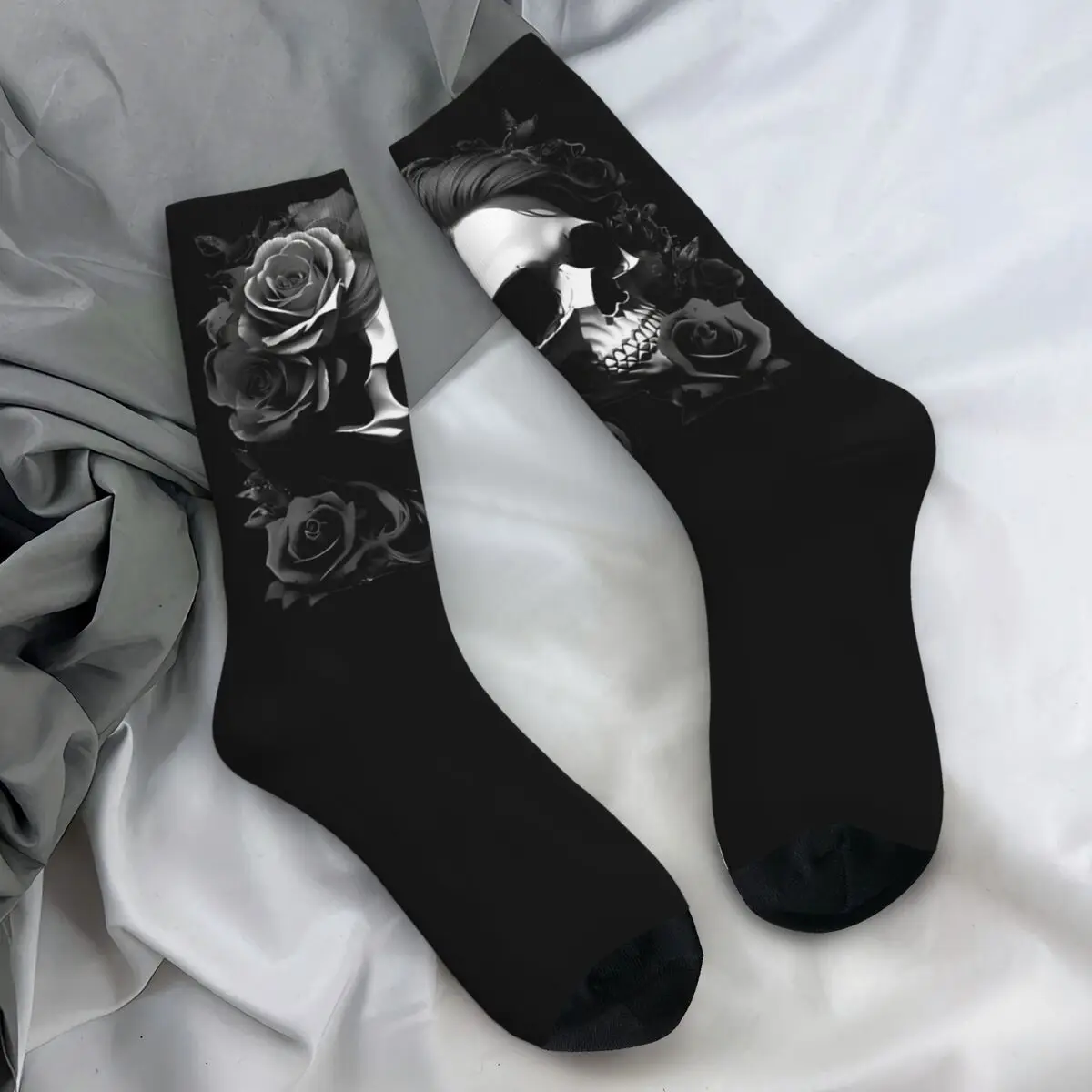 Monochrome Camouflage Skull Roses Socks Harajuku Stockings Winter Non Slip Men Socks Quality Graphic Climbing Socks