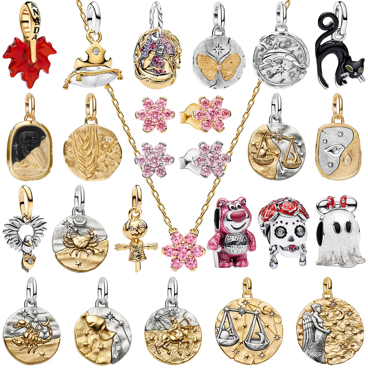 Original 925 Sterling Silver Plate Zodiac Ghost Flower Vintage Relief Coin Dangle Charms Pink Pendent Fit Bracelet Jewelry Gift