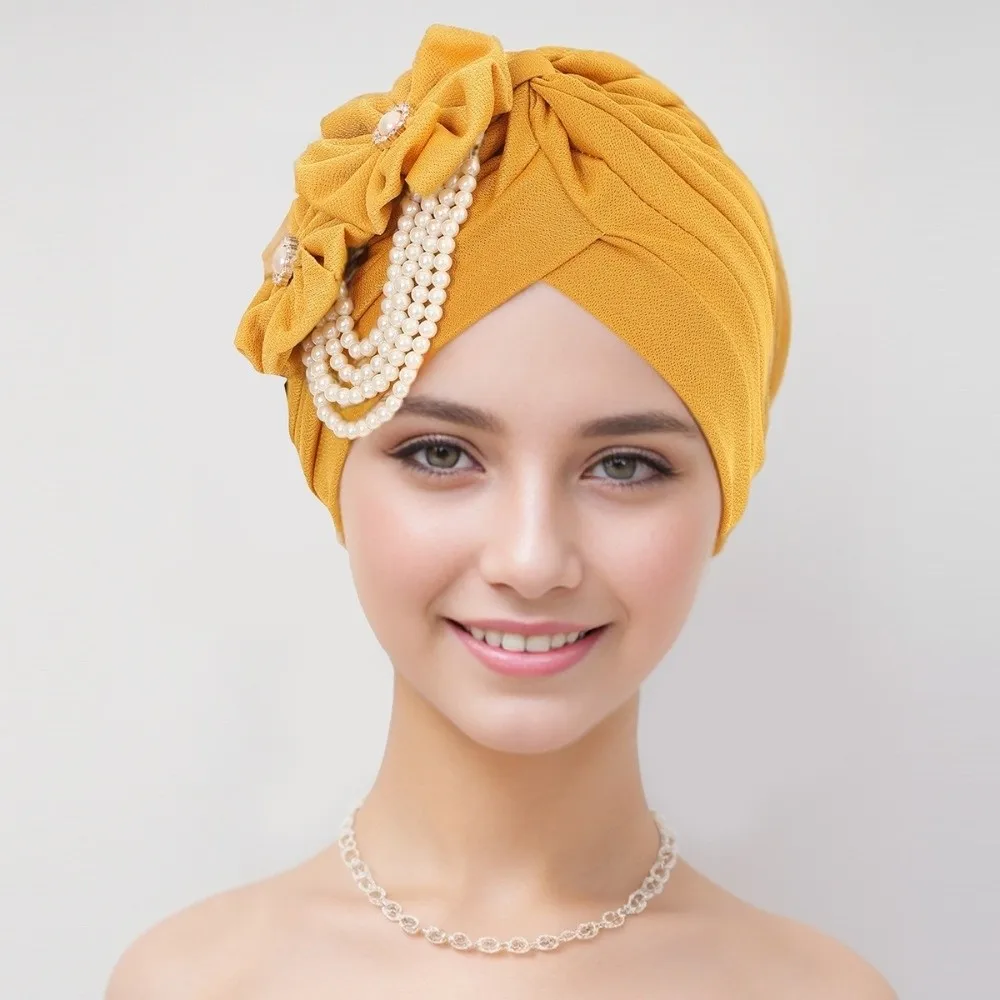 

Pleated Breathable Head Wraps Flower Design Pearls Beading Turban Cap Female Style Cross Bonnets Female Use