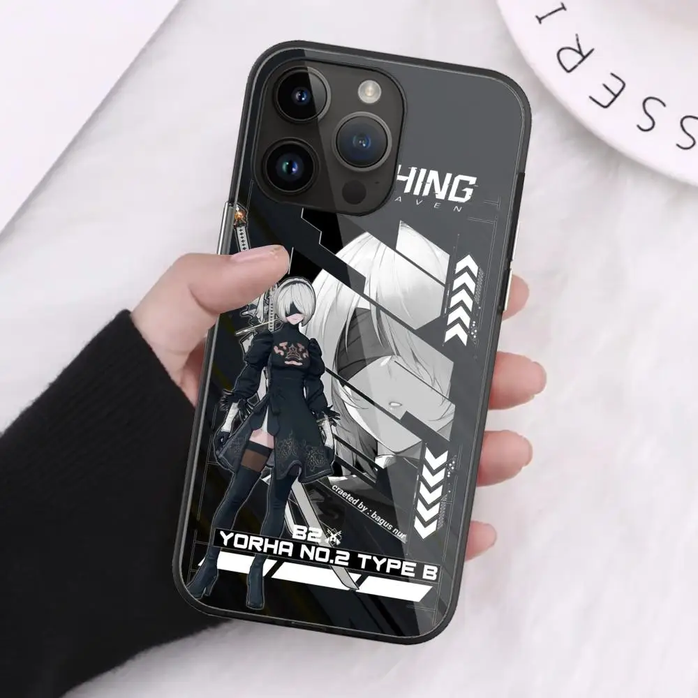 N_nieR 2B Automatas Phone Case For iPhone 16 Pro Max 15 14 13 12 Mini 11 XR XS 8 7 Plus Black Art Glass Cases