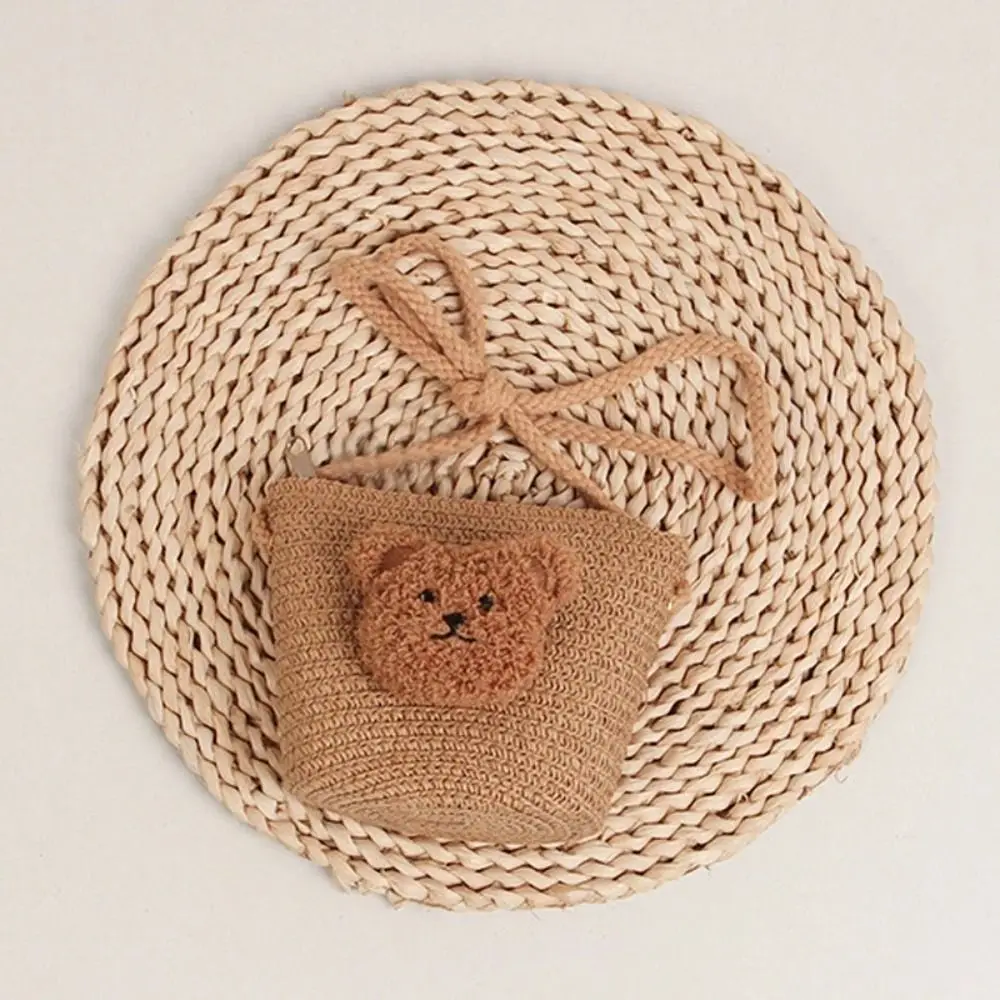 Cute Straw Woven Shoulder Bag Handmade Beach Coin Purse Princess Cartoon Bear Messenger Bags Kids
