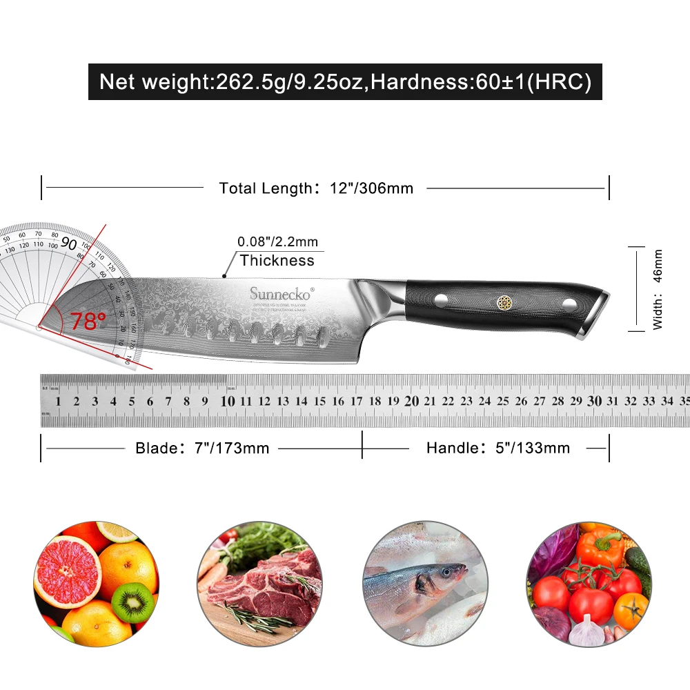 Sunnecko-Aço Damasco Santoku Knife, Japonês VG10 Blade Razor Sharp, Chef's Cooking, Sushi Sashimi Meat Tool, 7"