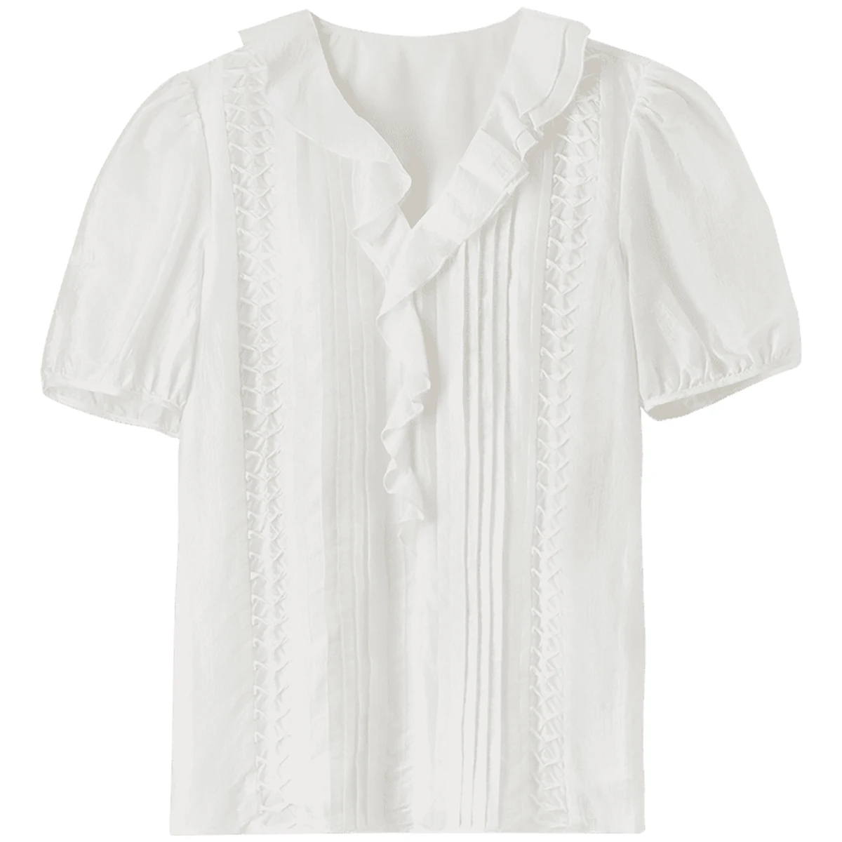 SENTUBILA Elegant Ruffles White Blouse For Women 2025 Spring Straight Chiffon V Neck Puff Sleeve Folds Pullover 142V54948