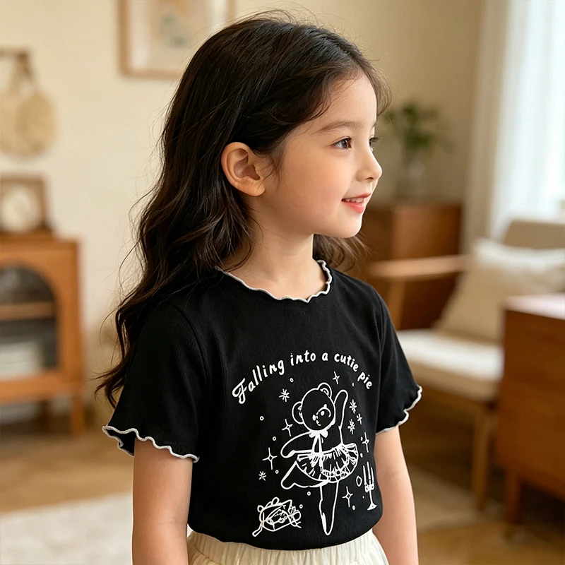 Girls Cartoon Print Ruffle Trim T-Shirt Summer Short Sleeve Crew Neck Cute Graphic Tee 2-8 Years Kids Casual Slim Fit Tops