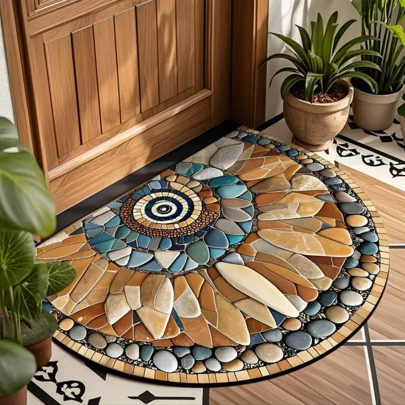 VIKAMA Semi‑Circle 3D Visual Velvet Doormat, Non‑Slip Absorbent Easy Clean Entryway Indoor Home Decor