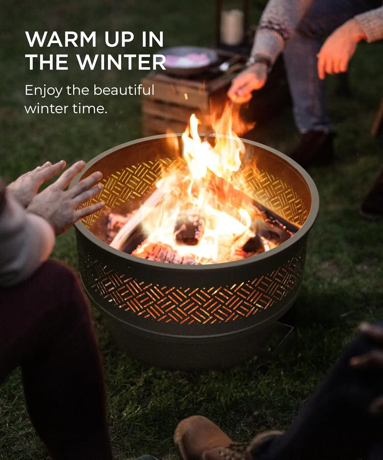 26in Fire Pit with Grill & Lid, Wood Burning Outdoor Firepit Table with Poker for BBQ Camping Patio, Customized
