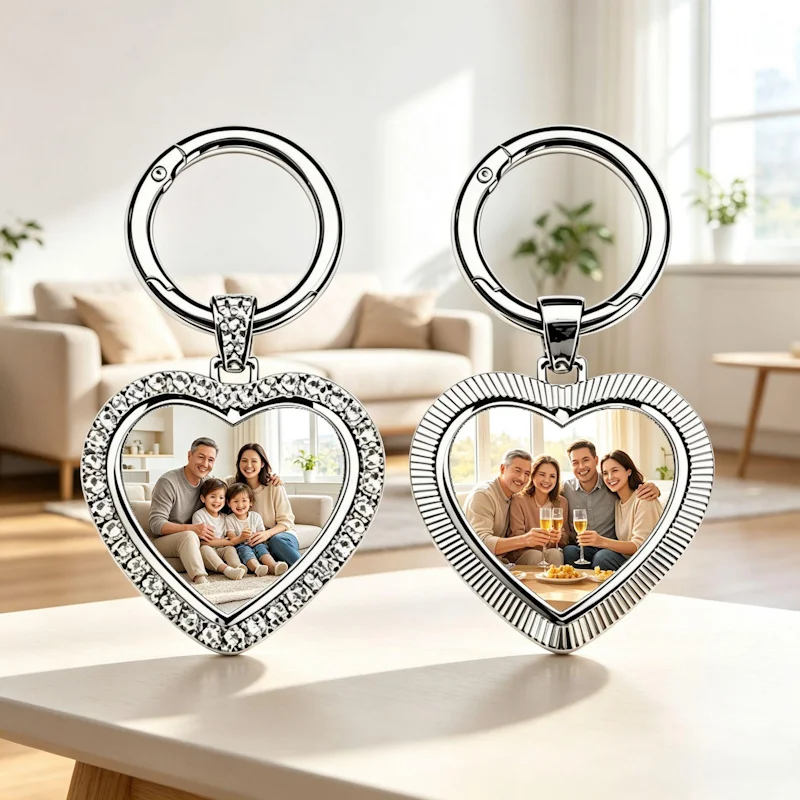 Personalised heart-shaped photo keychain | 360° rotatable double-sided custom photo keyring, custom family photo keepsake