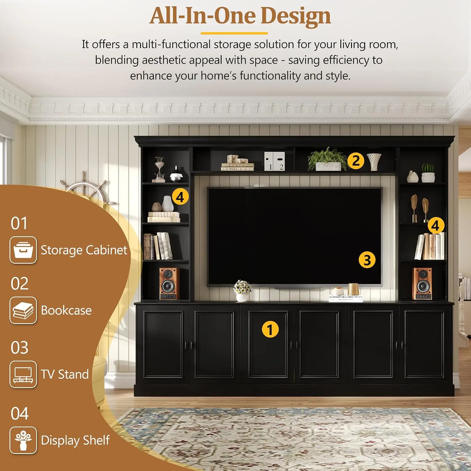 Large TV Stand Cabinets & Adjustable Shelf 4-Piece Wall Unit Bookshelf 70