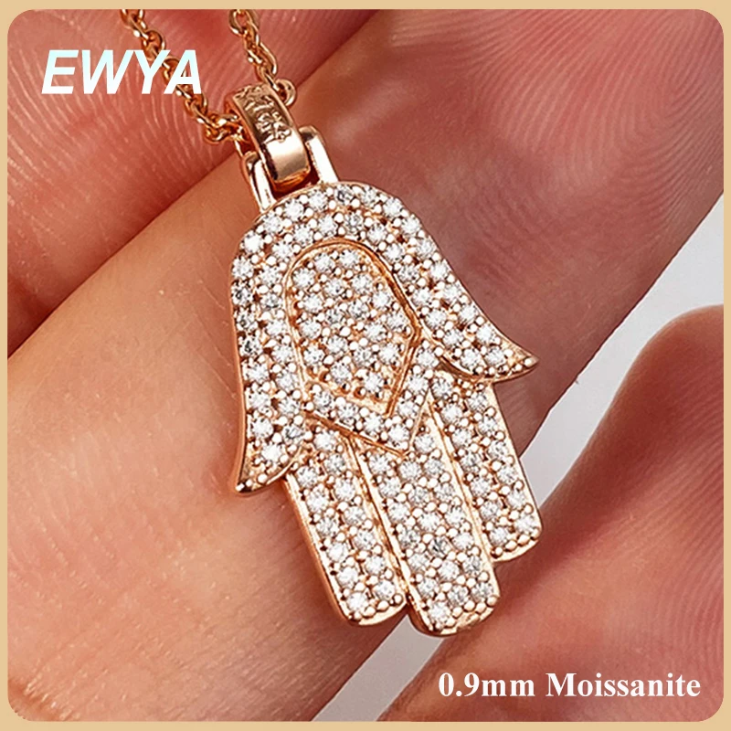 EWYA Hamsa Hand Full 0.9mm Moissanite Pendant Necklace for Woman Men 925 Silver Pass Diamond Test Hip Hop Fine Neck Jewelry Gift