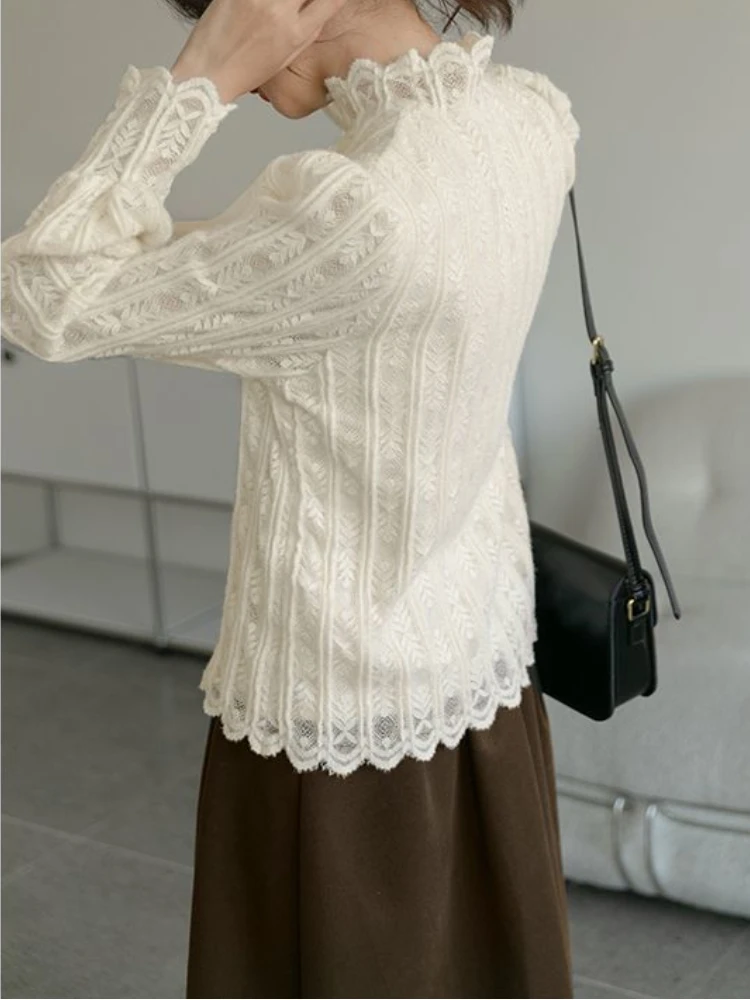 Renda manga longa camisetas femininas casual elegante sólido meia gola alta minimalista topos outono ropa mujer roupas senhoras elegantes