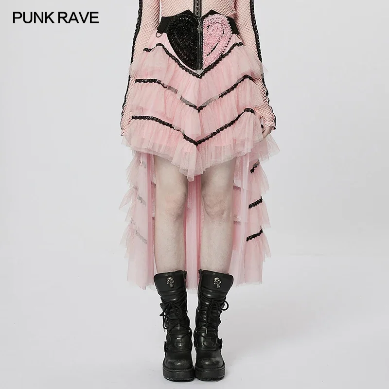 

PUNK RAVE Women's Cute Cool Girl Skirt Light Multi-layer Fine Mesh Splicing Lace Peach Embroidered Long Skirts Women 2 Colors