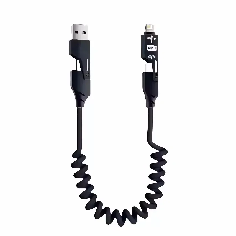 4 in 1 65W USB C Spring Fast Charging Cable 6A Short Retractable Data Cord for iPhone 15 14 13 12 Type C Charging Line