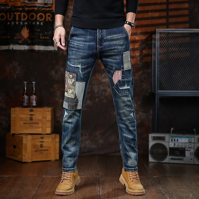 Needle sewn patchwork embroidered jeans for men, slim fit straight leg, personalized, fashionable, retro and trendy street pants