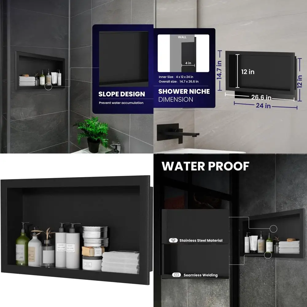 

12x24 Inch Stainless Steel Shower Niche, Wall Mounted, No Tile Required, Recessed Design with Hollow Partition, Black