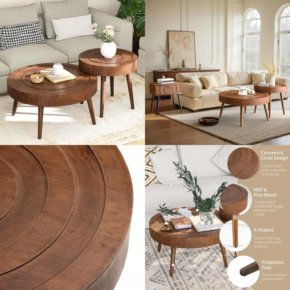 

Mid-Century Modern Sunbury Coffee Table Set with Nested Tables and Concentric Circle Design for Living Room