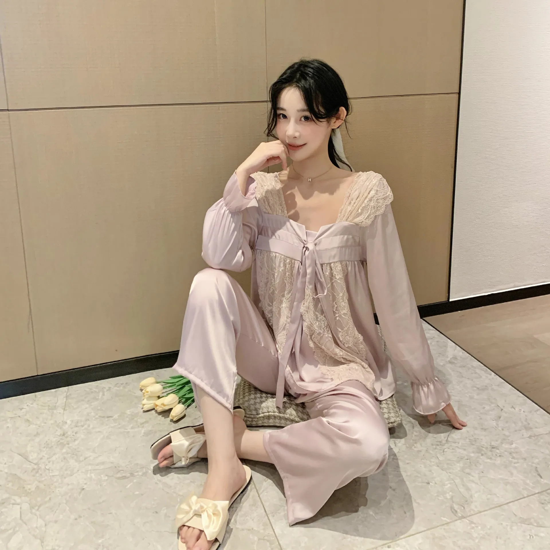 

Korea Style Lace Women's Summer Satin Pajama Set Long Sleeve Ladies Spring Silk Like Sleepwear 2 Pcs Solid Pijama for Female