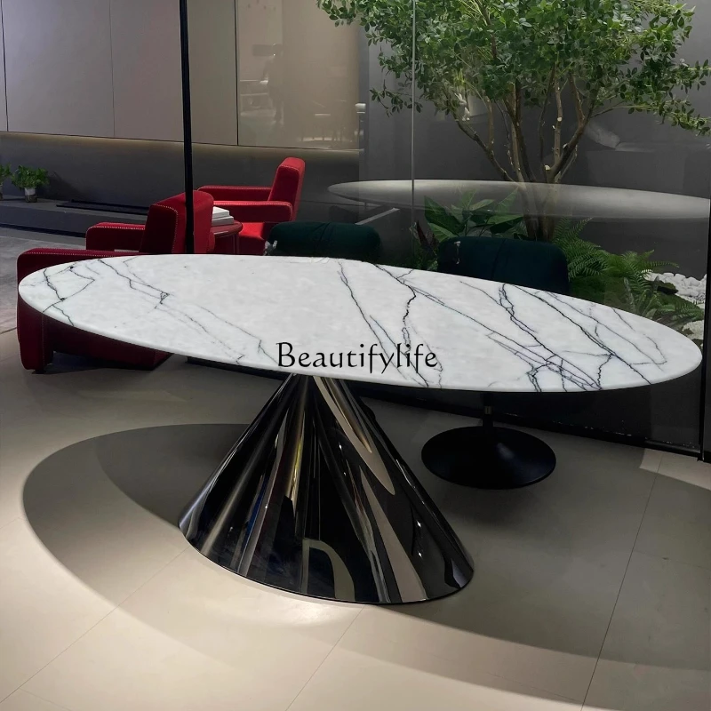 

Natural fragrant snow plum marble dining table Italian light luxury oval simple modern high-end dining table