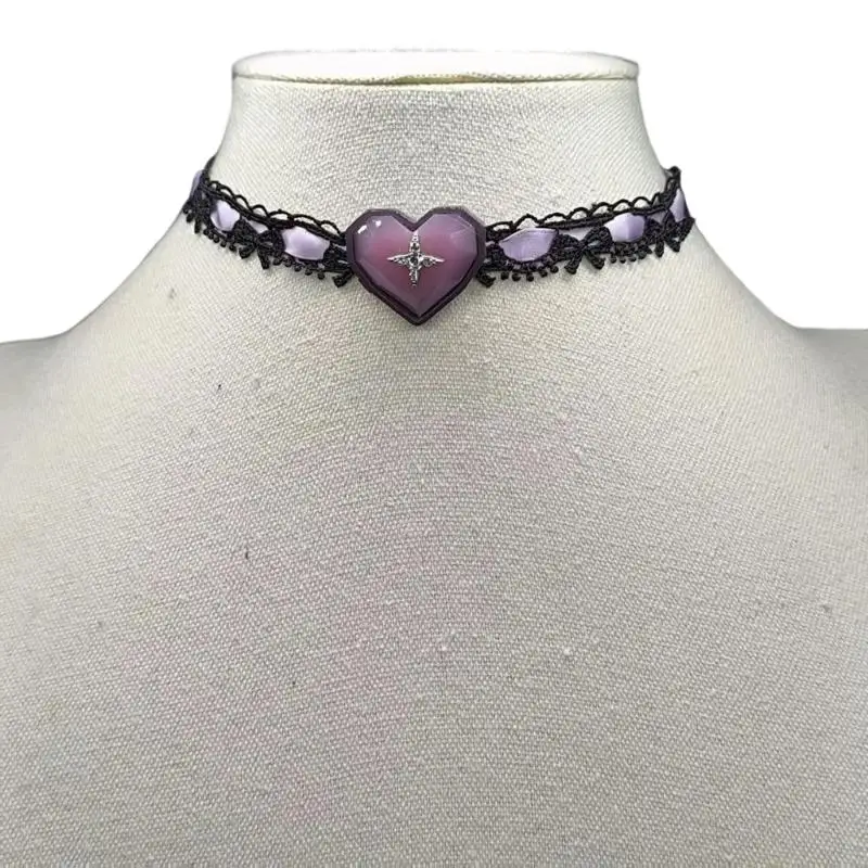 31BF Vintage Inspired Adjustable Ribbon Necklace With Lace Embellishment And Bowknot Charm