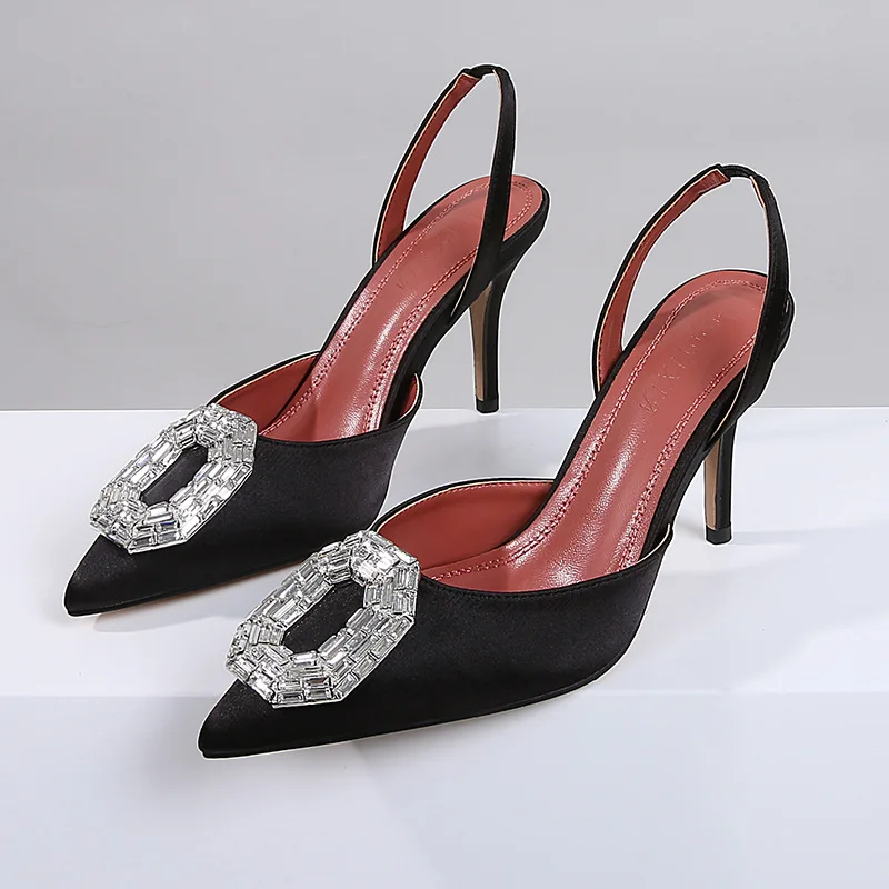 Elegant Rhinestone Satin Stiletto Heels Pointed Toe Women Sandals Summer Fashion Shoes