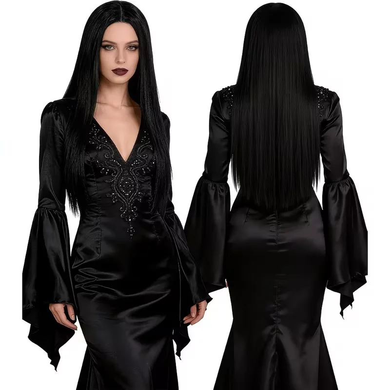 middle-parted extra- hair for women 26inch Black long straight wigs Halloween cosplay full head wig